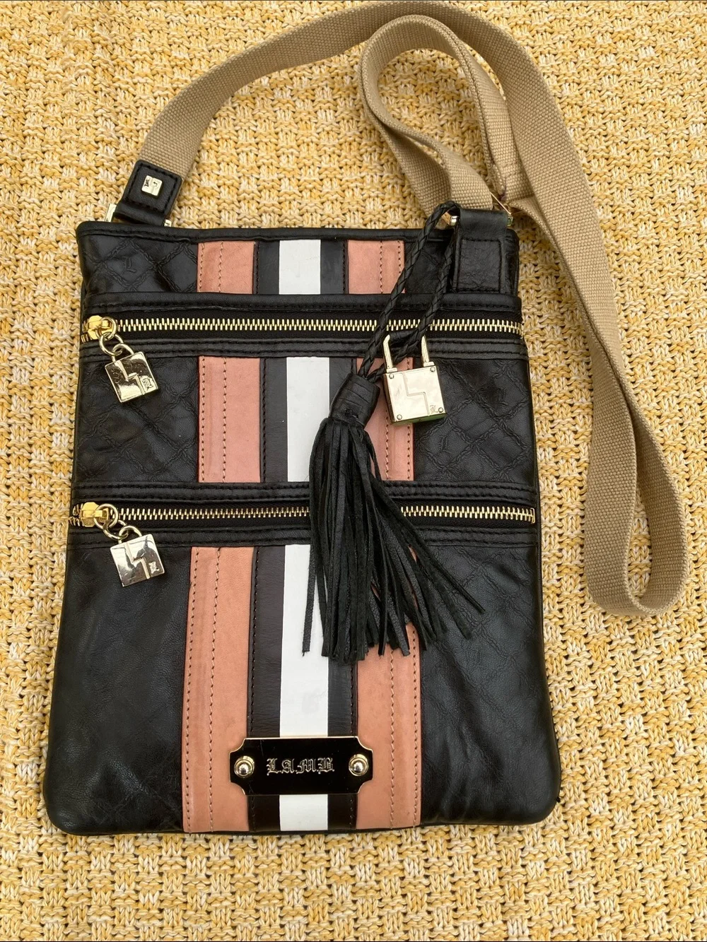 L.A.M.B. By Gwen Stefani Y2K Black with Pink & White Stripes Crossbody